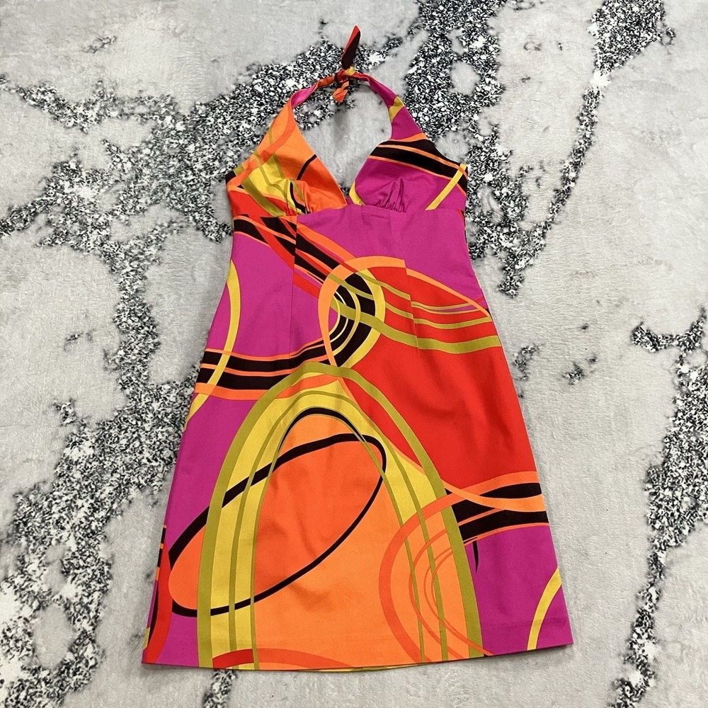 Trina Turk Halter Mini Dress Womens Sz 6 Pink Orange Abstract Print Retro Y2K